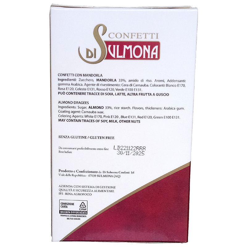 Confetti di Sulmona bianchi con mandorla e senza glutine - confezione da  500gr